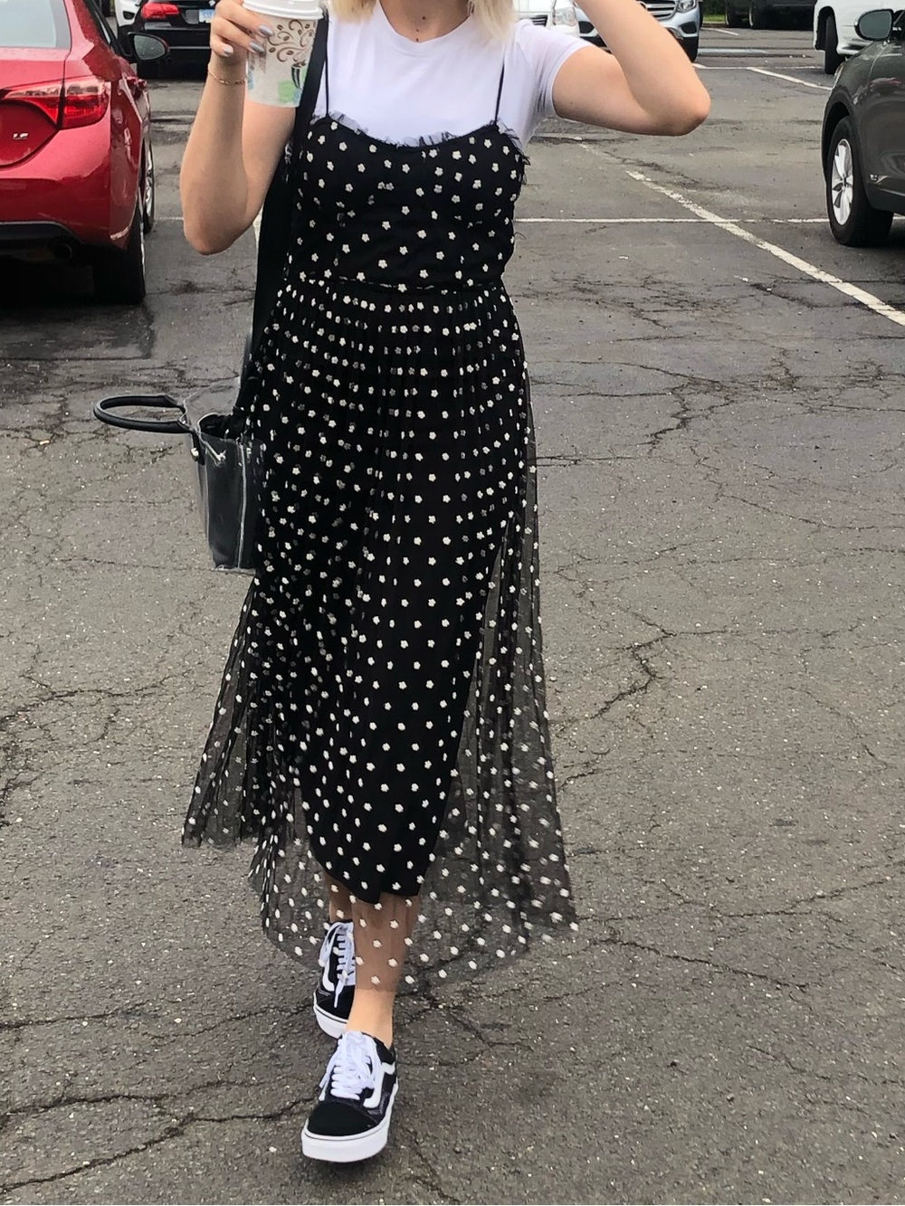 Zara Black Polka Dot Mesh Midi Slip Dress